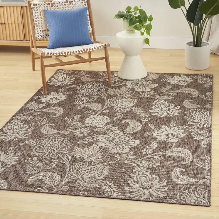 6' X 9' Brown And Ivory Floral Indoor Outdoor Area Rug