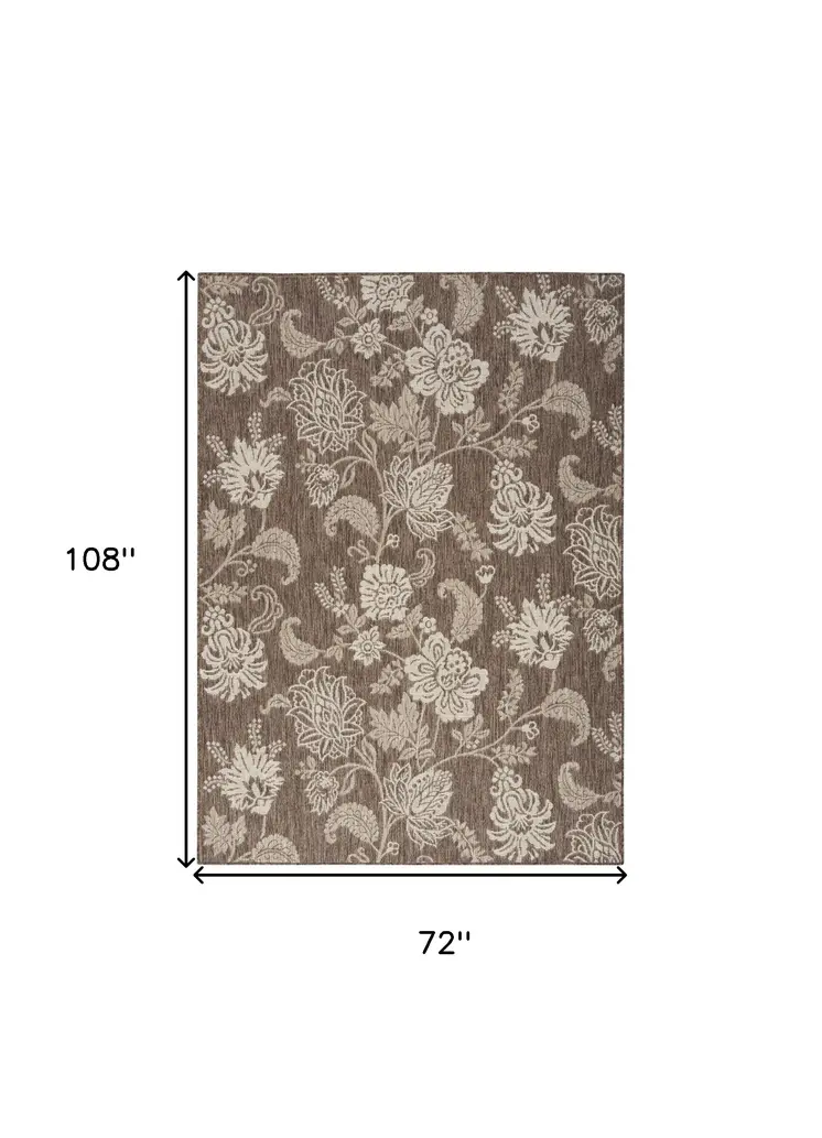 6' X 9' Brown And Ivory Floral Indoor Outdoor Area Rug