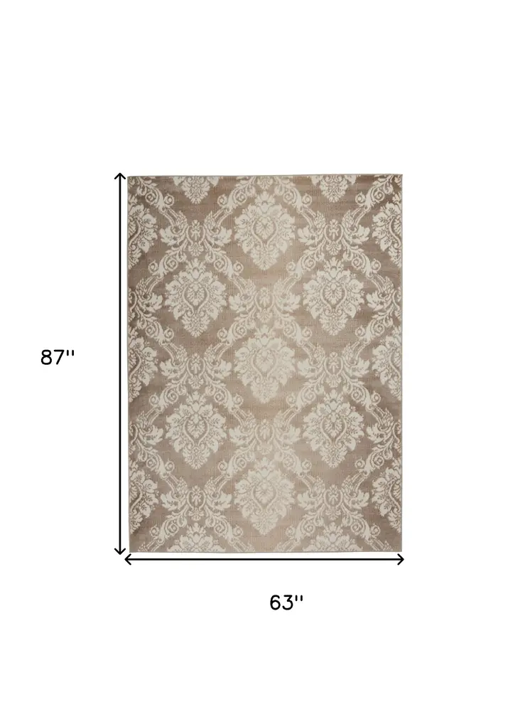 5' X 7' Taupe and Ivory Damask Distressed Non Skid Area Rug