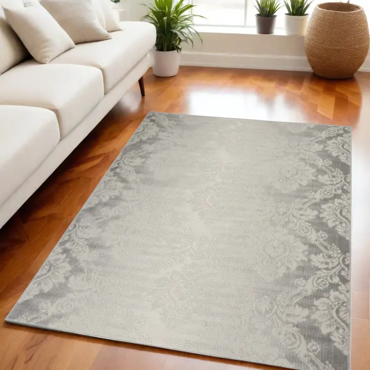 5' X 7' Gray and Ivory Damask Distressed Non Skid Area Rug