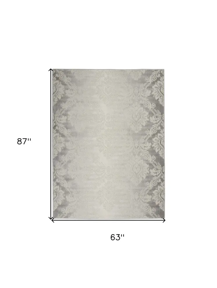 5' X 7' Gray and Ivory Damask Distressed Non Skid Area Rug