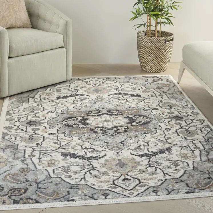 5' X 7' Gray and Ivory Floral Non Skid Area Rug