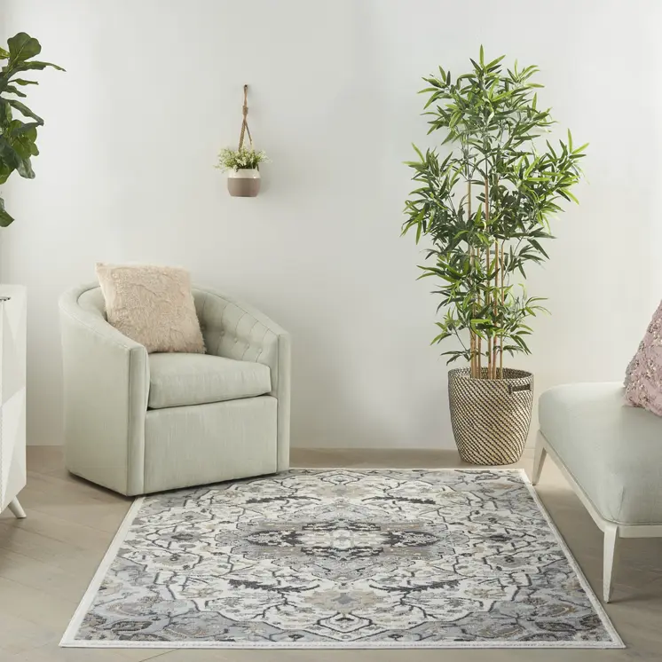 5' X 7' Gray and Ivory Floral Non Skid Area Rug