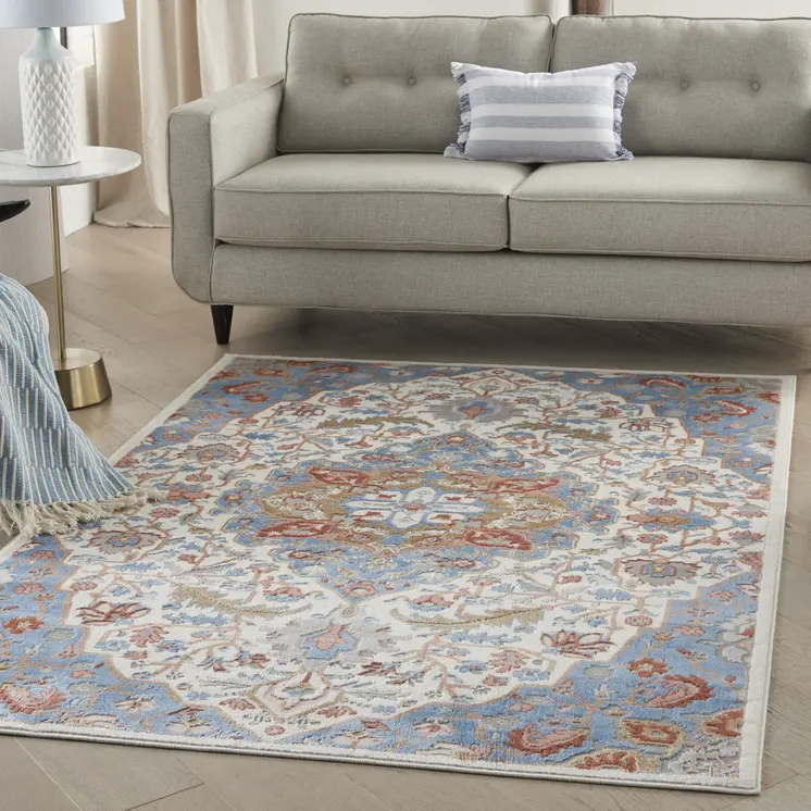 5' X 7' Ivory Blue and Gray Floral Non Skid Area Rug