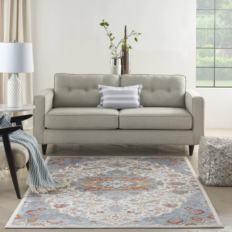 5' X 7' Ivory Blue and Gray Floral Non Skid Area Rug