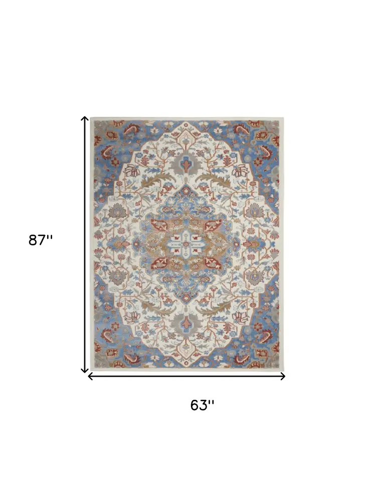 5' X 7' Ivory Blue and Gray Floral Non Skid Area Rug