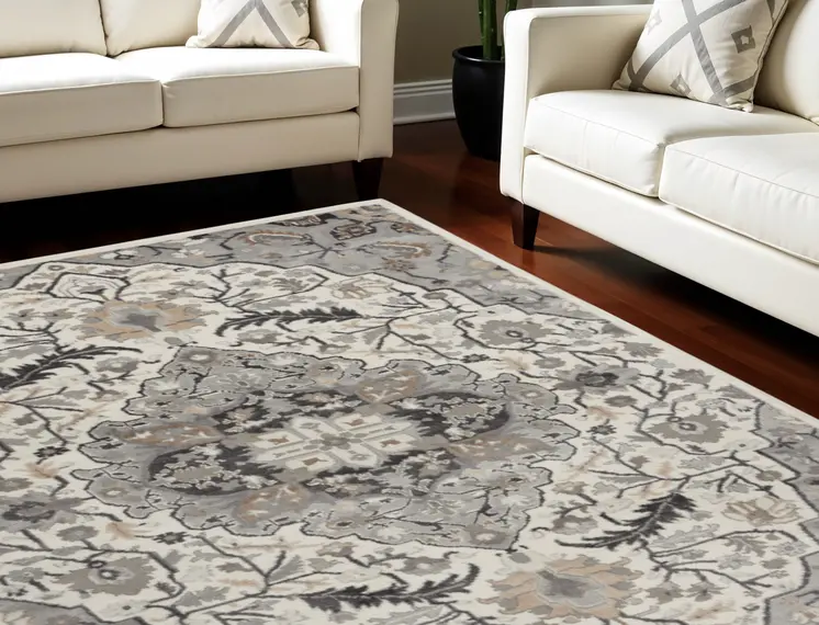 6' X 9' Ivory Black and Gray Floral Non Skid Area Rug