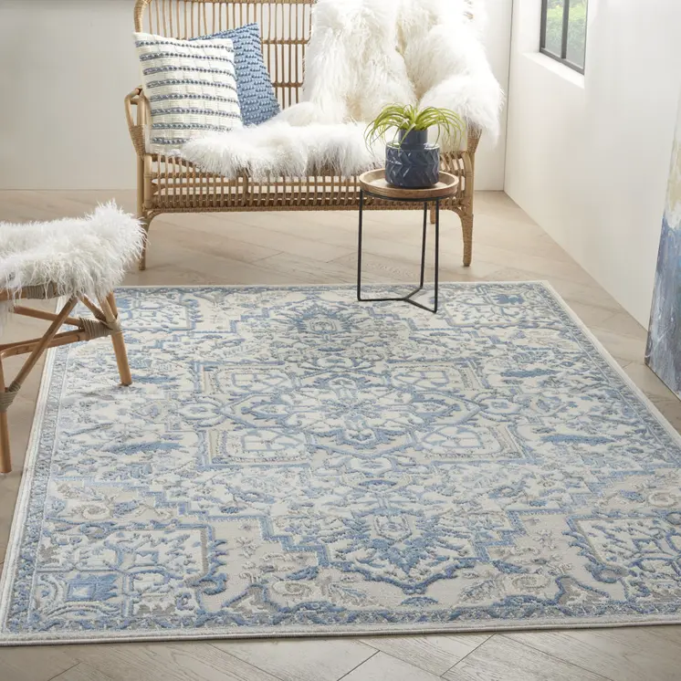 5' X 7' Ivory Blue and Gray Floral Non Skid Area Rug