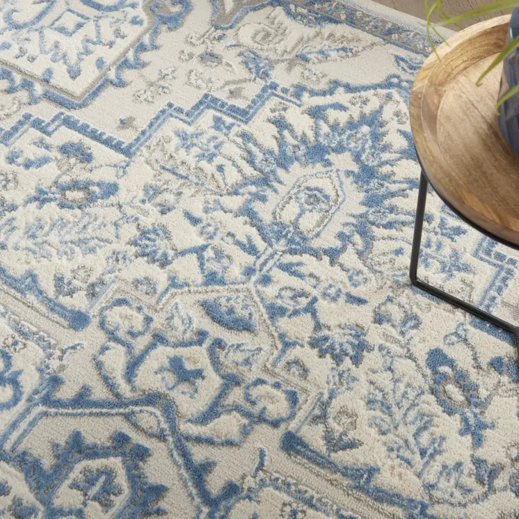 5' X 7' Ivory Blue and Gray Floral Non Skid Area Rug