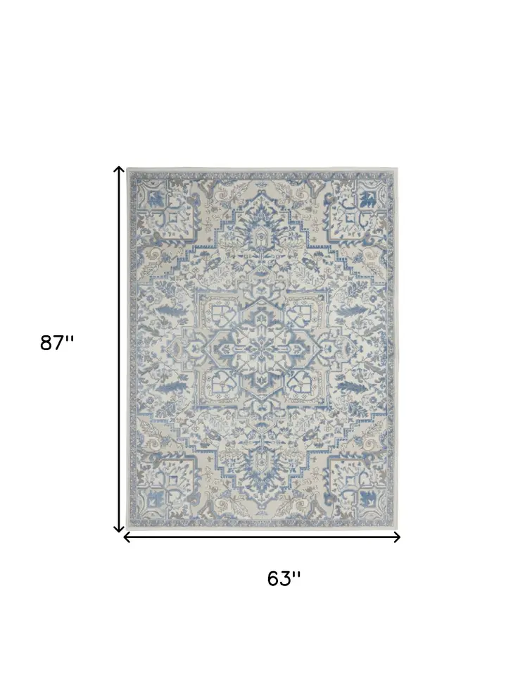 5' X 7' Ivory Blue and Gray Floral Non Skid Area Rug