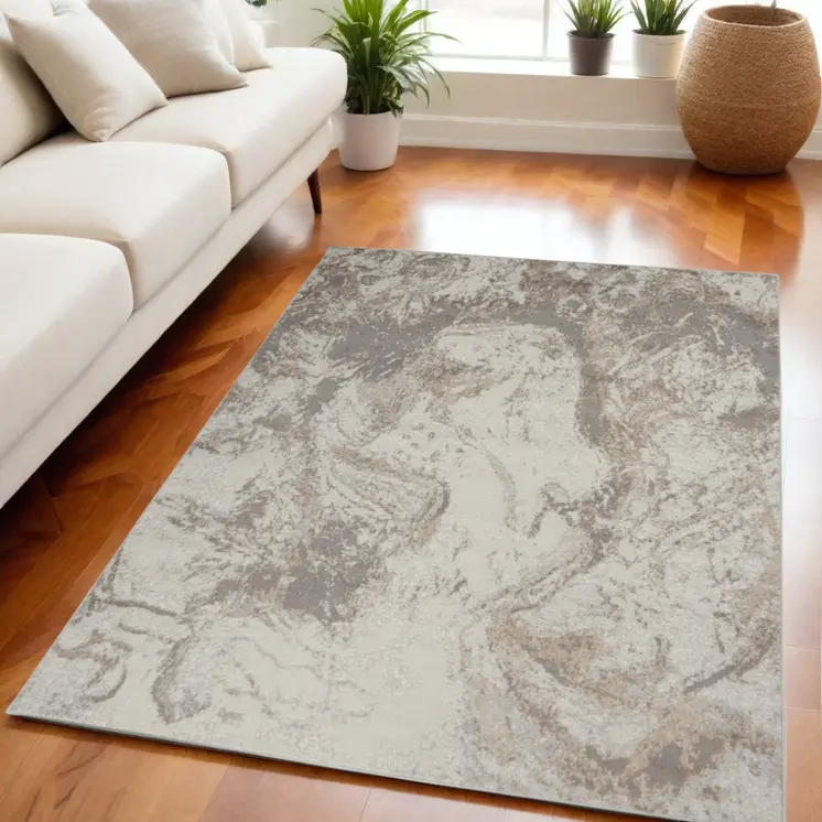 5' X 7' Ivory and Gray Abstract Non Skid Area Rug