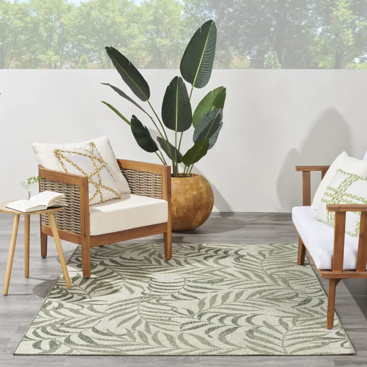 6' X 9' Ivory And Green Palm Leaf Indoor Outdoor Area Rug