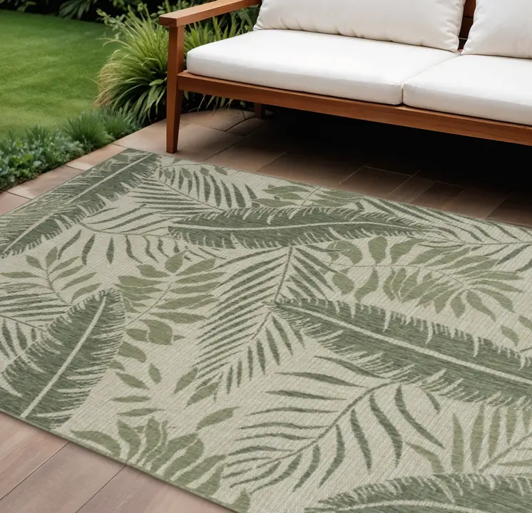 6' X 9' Ivory And Green Palm Leaf Indoor Outdoor Area Rug