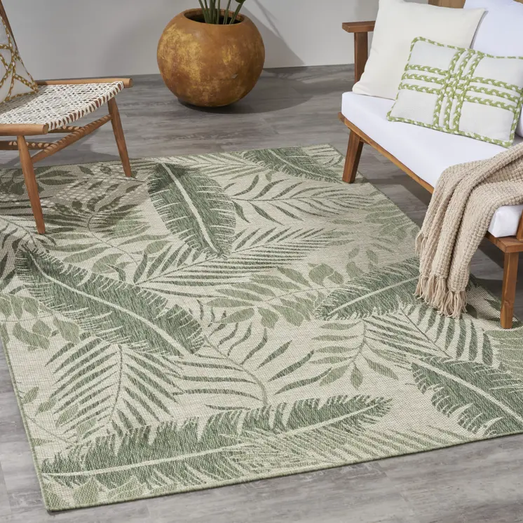 6' X 9' Ivory And Green Palm Leaf Indoor Outdoor Area Rug