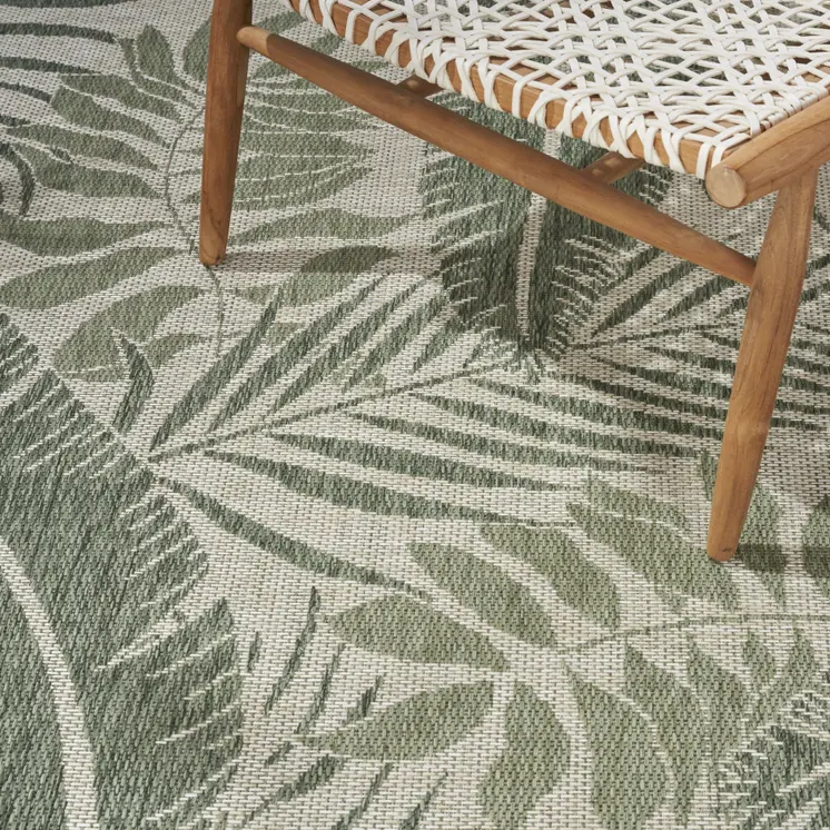 6' X 9' Ivory And Green Palm Leaf Indoor Outdoor Area Rug