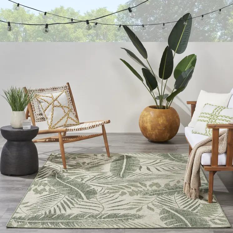 6' X 9' Ivory And Green Palm Leaf Indoor Outdoor Area Rug
