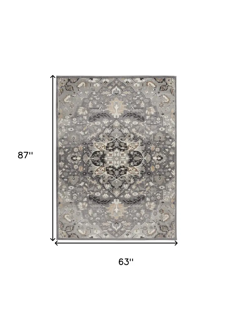 5' X 7' Black and Gray Floral Medallion Non Skid Area Rug