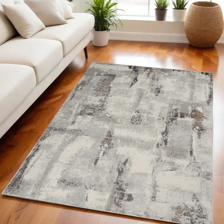 5' X 7' Ivory Gray and Brown Abstract Non Skid Area Rug