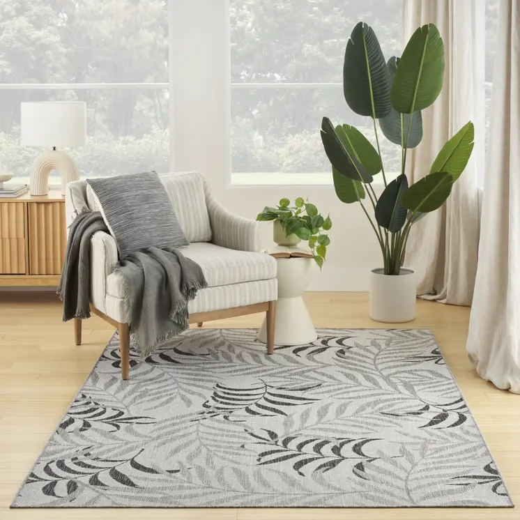 6' X 9' Gray Black And Ivory Palm Leaf Indoor Outdoor Area Rug