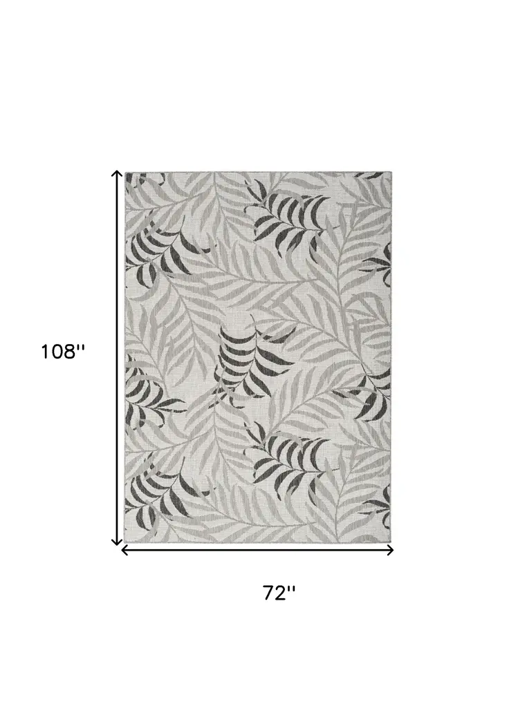 6' X 9' Gray Black And Ivory Palm Leaf Indoor Outdoor Area Rug