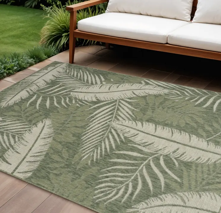 6' X 9' Green And Ivory Palm Leaf Indoor Outdoor Area Rug