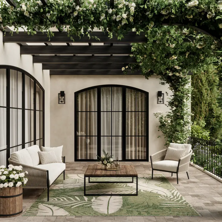 6' X 9' Green And Ivory Palm Leaf Indoor Outdoor Area Rug