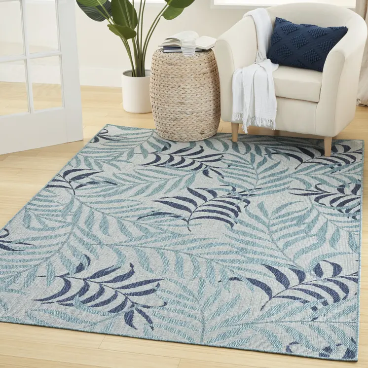 6' X 9' Sky Blue And Blue Palm Leaf Indoor Outdoor Area Rug