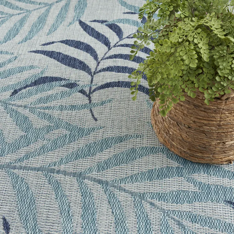 6' X 9' Sky Blue And Blue Palm Leaf Indoor Outdoor Area Rug