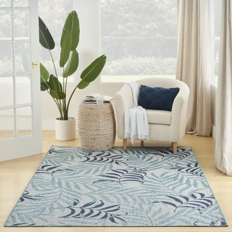 6' X 9' Sky Blue And Blue Palm Leaf Indoor Outdoor Area Rug
