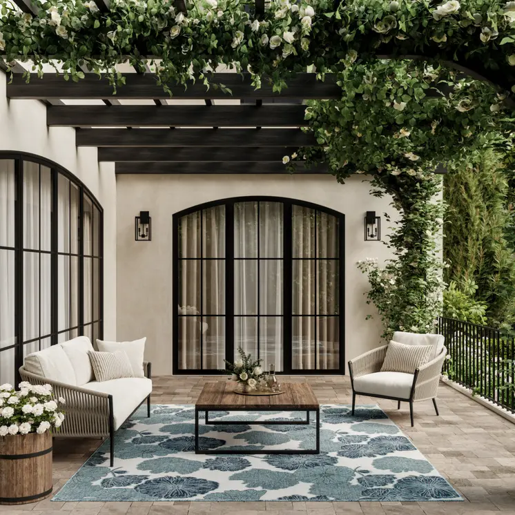 6' X 9' Navy Blue And Ivory Floral Indoor Outdoor Area Rug