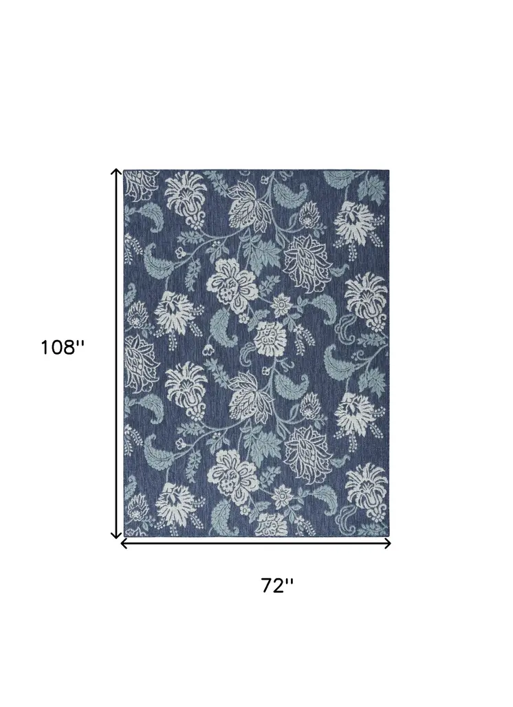 6' X 9' Navy Blue And Ivory Floral Indoor Outdoor Area Rug