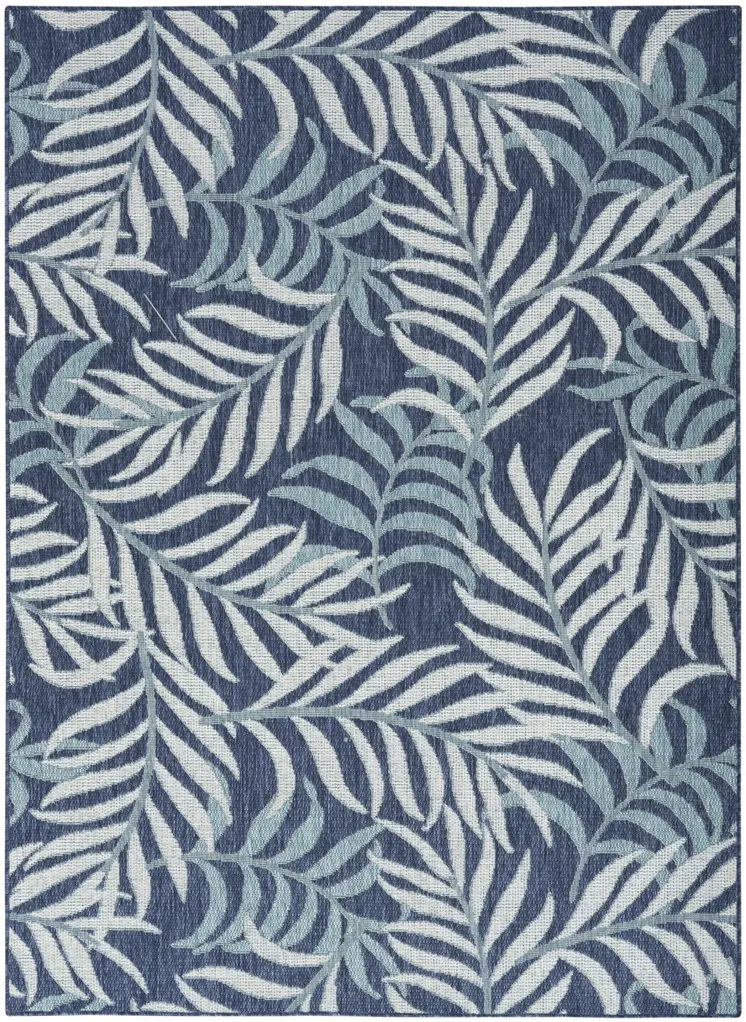 6' X 9' Navy Blue And Ivory Palm Leaf Indoor Outdoor Area Rug