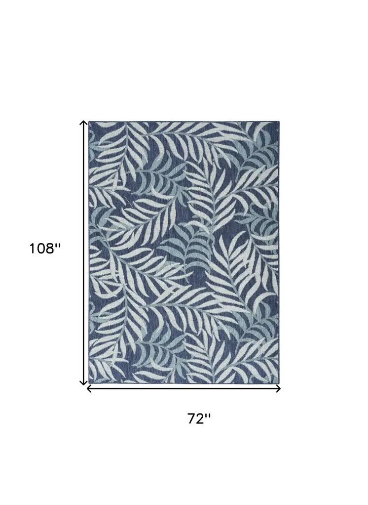6' X 9' Navy Blue And Ivory Palm Leaf Indoor Outdoor Area Rug