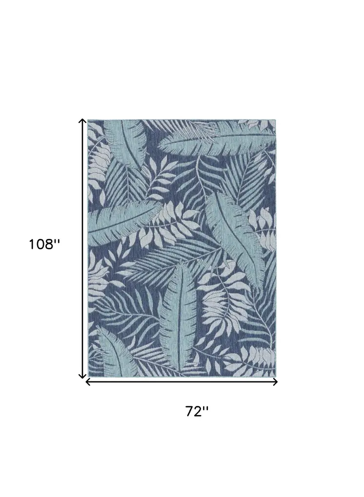 6' X 9' Navy Blue And Ivory Palm Leaf Indoor Outdoor Area Rug
