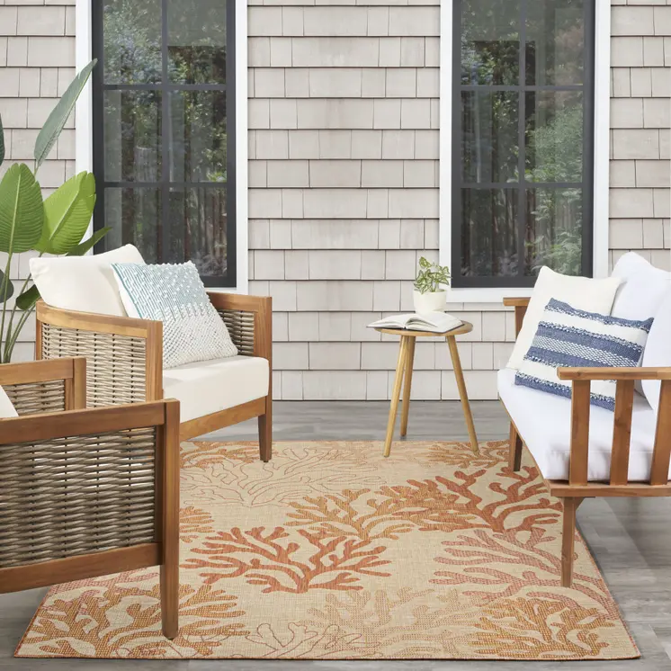 6' X 9' Orange And Ivory Nautical Indoor Outdoor Area Rug