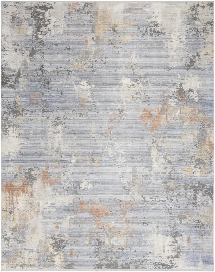 5' X 8' Beige Blue and Gray Abstract Area Rug With Fringe