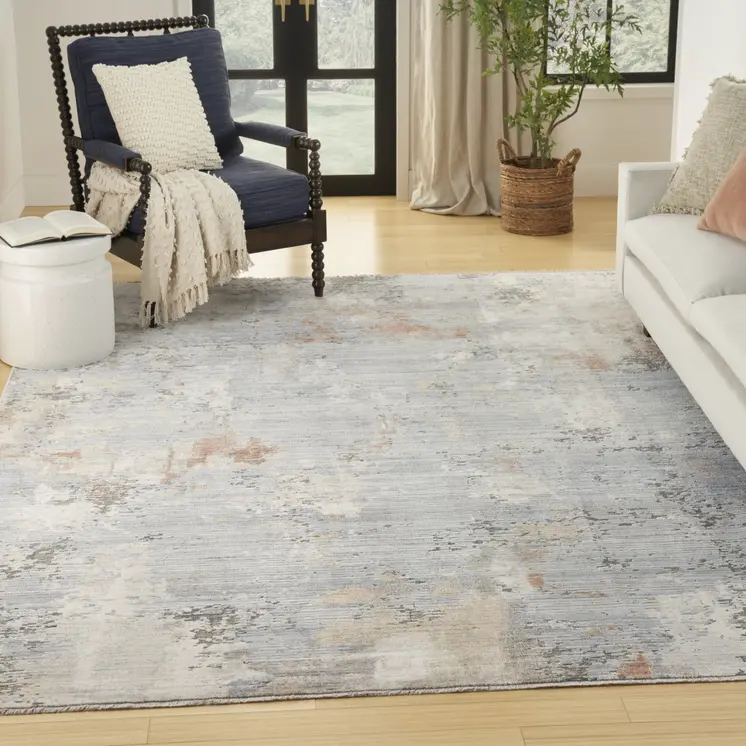 5' X 8' Beige Blue and Gray Abstract Area Rug With Fringe