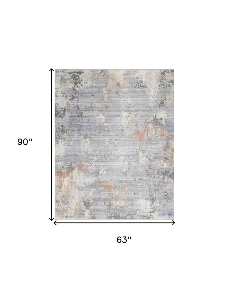 5' X 8' Beige Blue and Gray Abstract Area Rug With Fringe