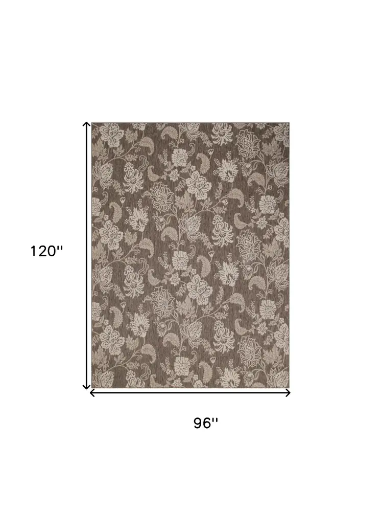 8' X 10' Brown And Ivory Floral Indoor Outdoor Area Rug