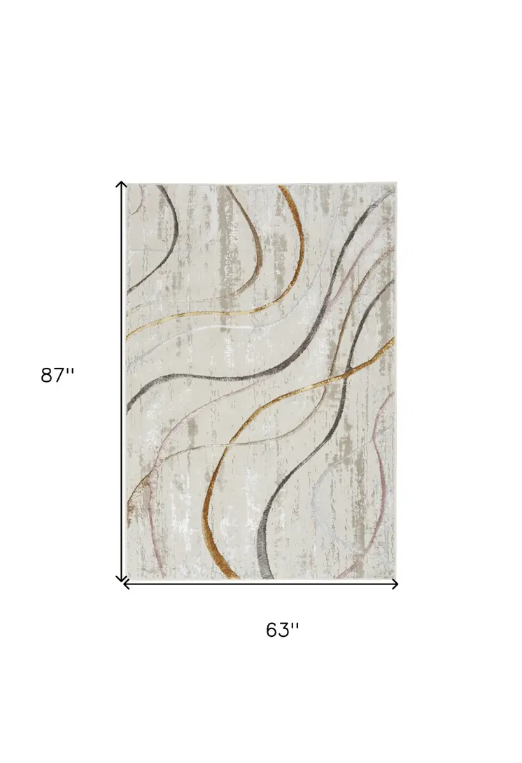5' X 7' Ivory Black and Brown Abstract Non Skid Area Rug