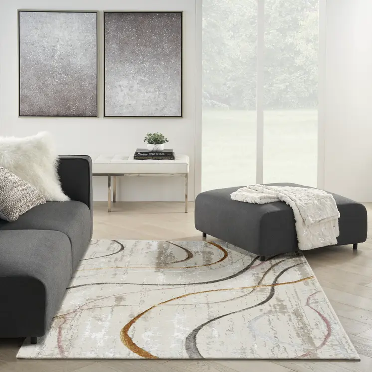 5' X 7' Ivory Black and Brown Abstract Non Skid Area Rug