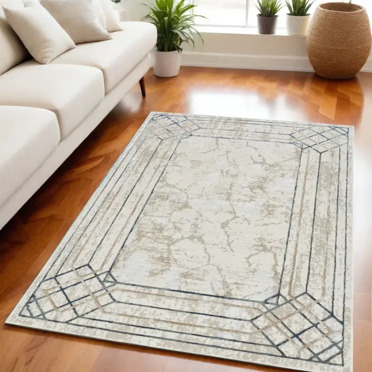 5' X 7' Ivory Blue and Gray Geometric Non Skid Area Rug