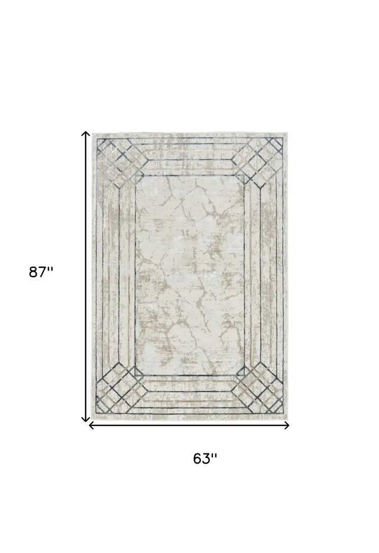 5' X 7' Ivory Blue and Gray Geometric Non Skid Area Rug