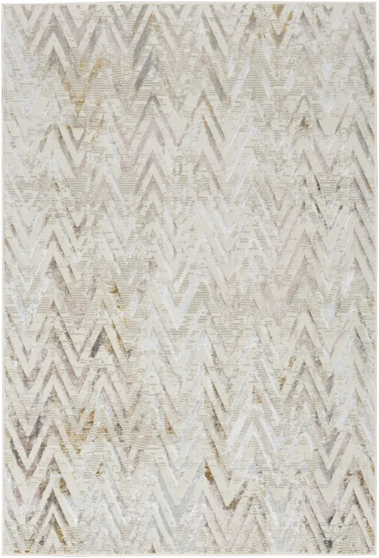 5' X 7' Beige Blue and Ivory Chevron Distressed Non Skid Area Rug