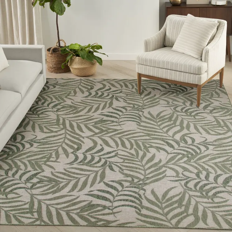 8' X 10' Ivory And Green Palm Leaf Indoor Outdoor Area Rug