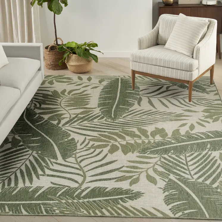 8' X 10' Ivory And Green Palm Leaf Indoor Outdoor Area Rug