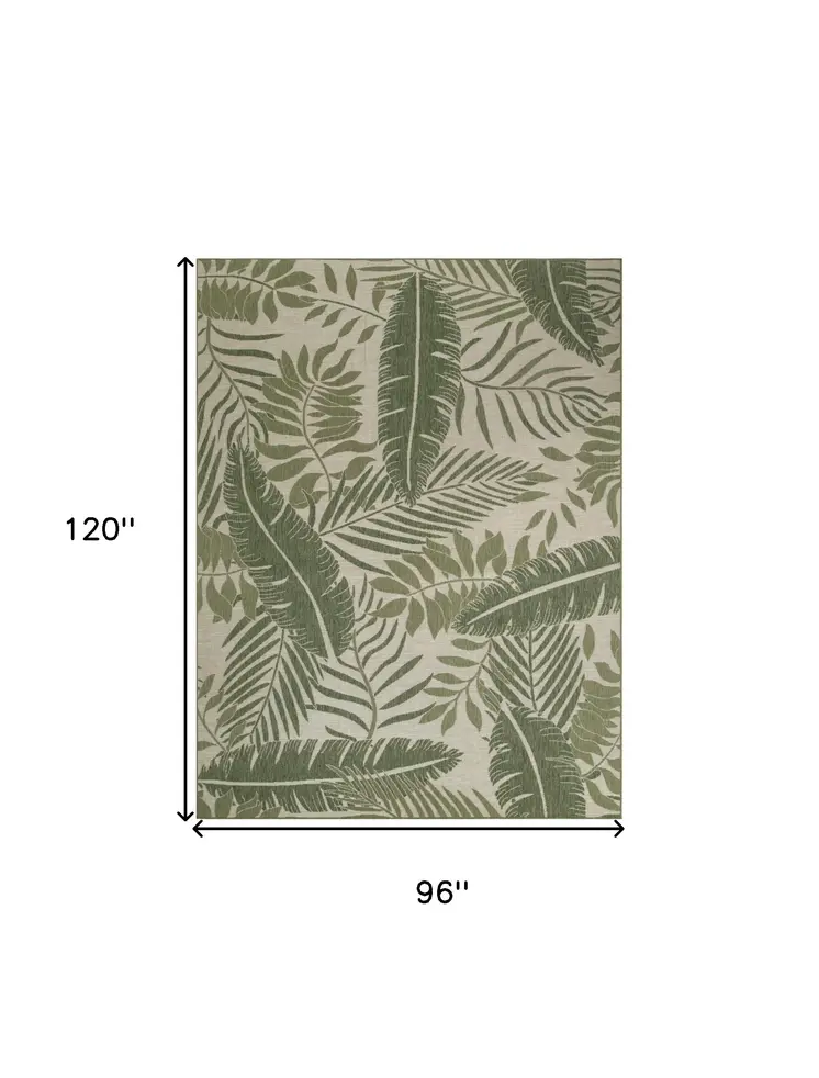 8' X 10' Ivory And Green Palm Leaf Indoor Outdoor Area Rug