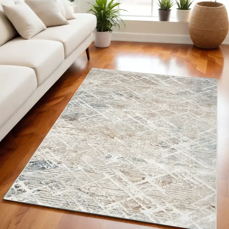 5' X 7' Ivory Blue and Gray Abstract Non Skid Area Rug