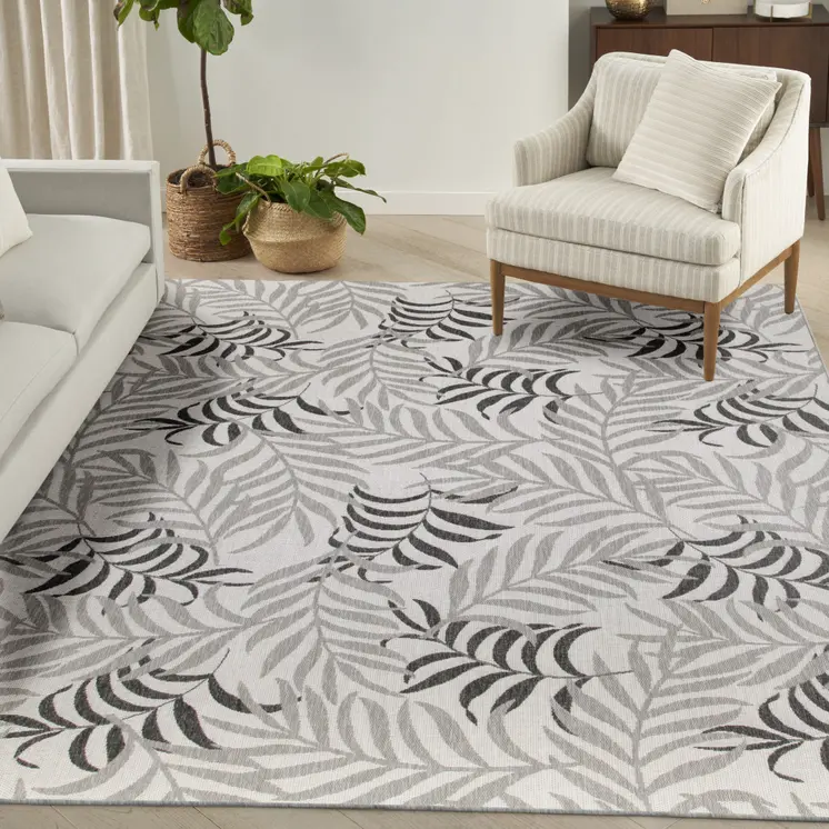 8' X 10' Gray Black And Ivory Palm Leaf Indoor Outdoor Area Rug