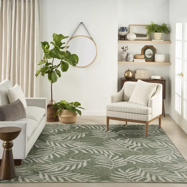 8' X 10' Ivory And Green Palm Leaf Indoor Outdoor Area Rug